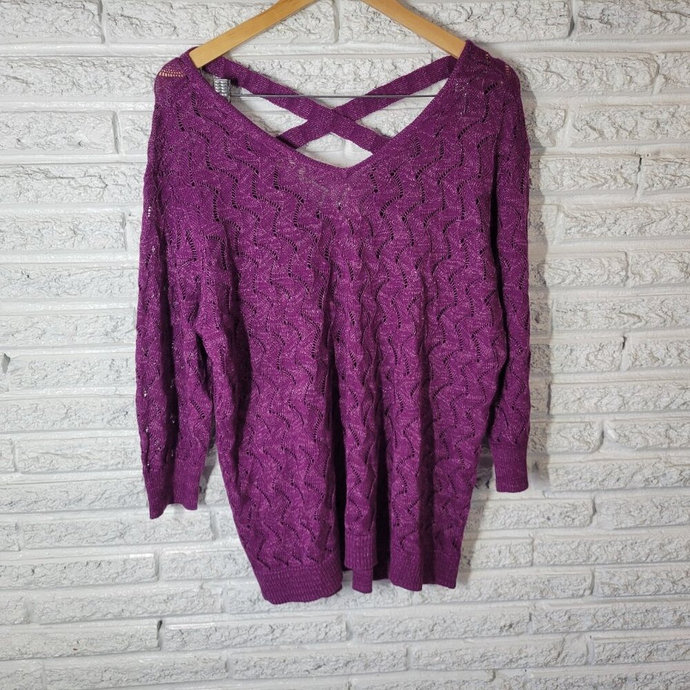 Sejour 1X Plus Purple Cotton V-Neck Sweater Lattice Back Knit Pullover PUR58E